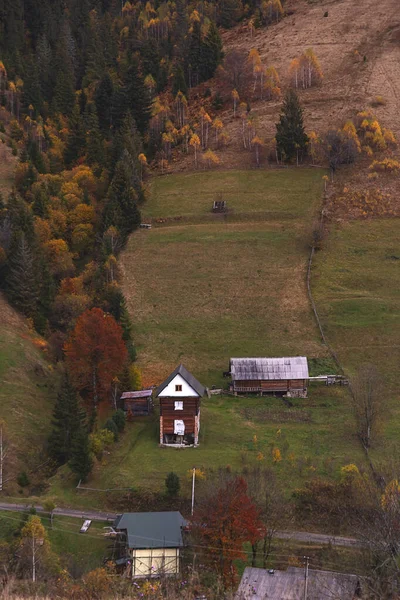 Autumn background in the mountains. Hills covered with yellow trees and houses — Stock Photo, Image