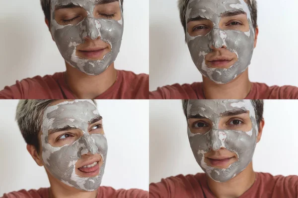 Collage of four cropped shots of playful funny woman apply grey green skincare clay mask on face. — Stock Photo, Image
