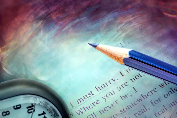 Poetry lines, pencil and clock Stock Picture