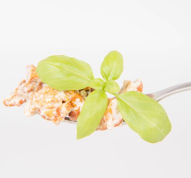 Bir çatal beyaz zemin üzerine sarımsak ile sotelenmiş Cantharellus cibarius