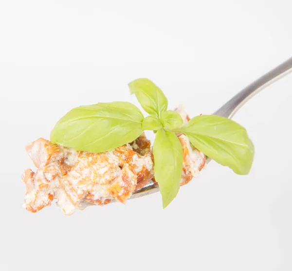 Sauteed Chanterelle Garlic Fork White Background — Stock Photo, Image