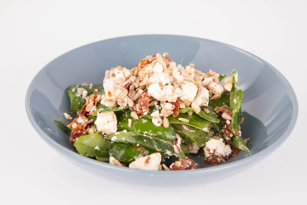 Spinach Dried Tomatoes Feta Cheese Sunflower Seeds Salad Being Eaten — Stock Photo, Image