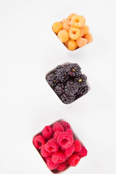 Raspberries Blackberries Bowls Fruit White Background — Stock Photo, Image