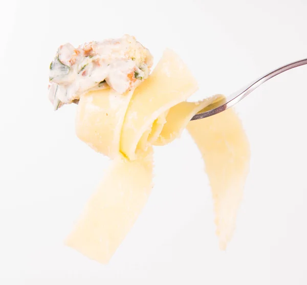 Pappardelle Chanterelle Crème Sur Une Fourchette — Photo