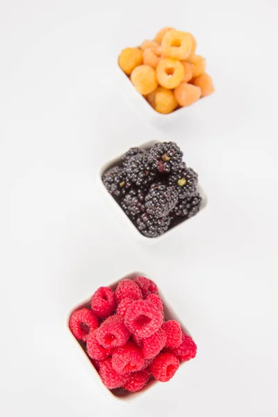 Raspberries Blackberries Bowls Fruit White Background — Stock Photo, Image