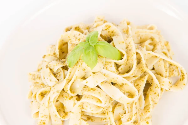 Tagliatelle Pesto Decorated Basil White Background — Stock Photo, Image