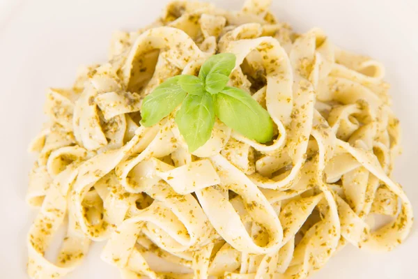 Tagliatelle Pesto Decorated Basil White Background — Stock Photo, Image