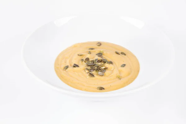 Pumpkin Soup Decorated Pumpkin Seeds Plate White Background — Stock Photo, Image