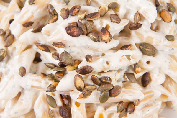 Pasta Blue Cheese Cream Sauce Sprinkled Roasted Pumpkin Seeds — Stock Photo, Image