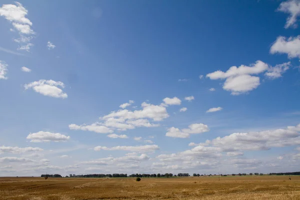 Felder Nach Der Ernte Unter Blauem Himmel Einem Sonnigen Augusttag — Stockfoto