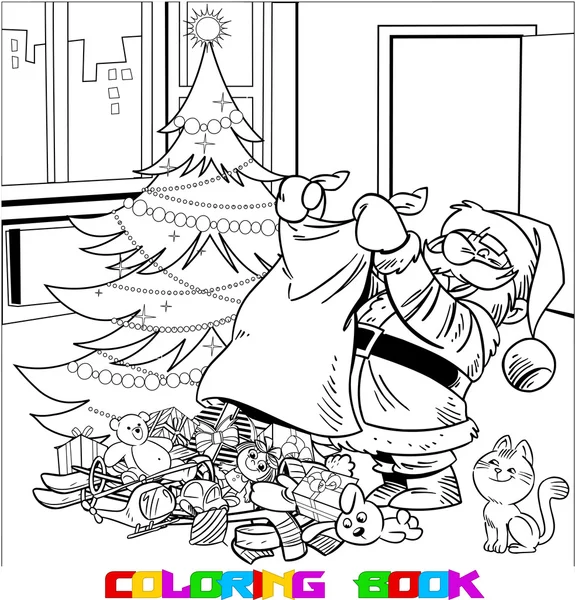 Coloriage Père Noël avec des cadeaux — Image vectorielle