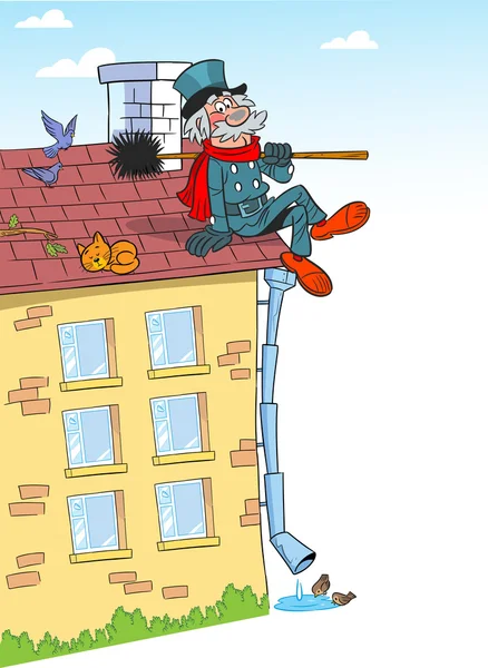 Varredura chaminé desenhos animados no telhado —  Vetores de Stock