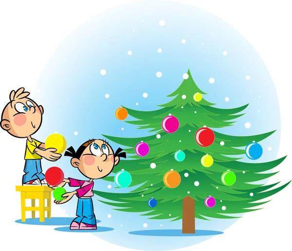 孩子们装饰圣诞树 — 图库矢量图片