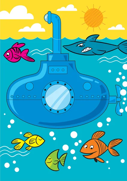 Submarino dos desenhos animados no mar — Vetor de Stock