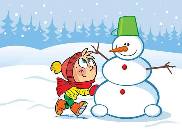 Meisje en sneeuwpop — Stockvector