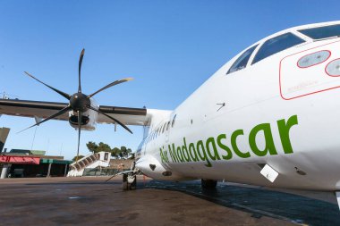 An ATR72 plane of the Malagasy national airline Air Madagascar parked on the runway of Antananarivo airport, Madagascar, on April 29, 2019