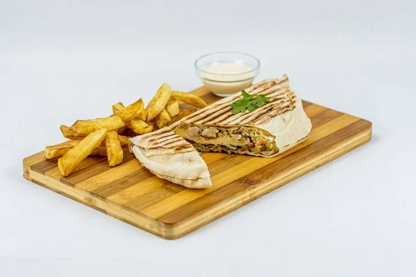 Shawarma Sandwich Fresh Roll Lavash French Fries Kebab Served Wooden Royaltyfria Stockfoton