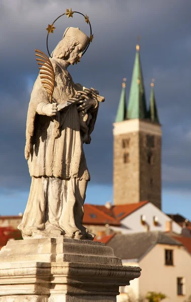 Telc or Teltsch town with statue of st. John of Nepomuk — Stock Photo, Image