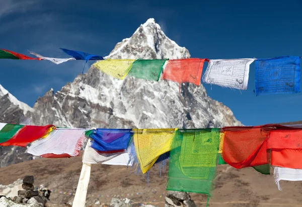 Rows of prayer flags and mount Arakam Tse — Stock Photo, Image