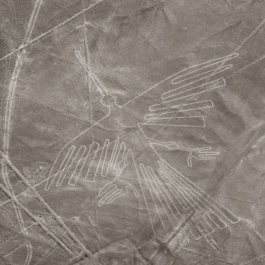 Condor geoglyph, Nazca or Nasca mysterious lines and geoglyphs aerial view sepia colored, landmark in Peru clipart