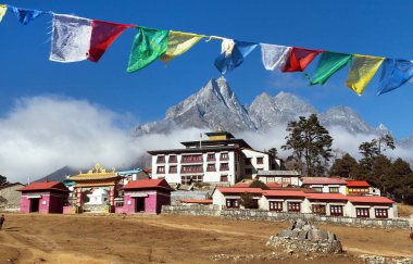 Tengboche Monastery with prayer flags, the best monastery in Khumbu valley, trek to Everest base camp, Sagarmatha national park, Nepal himalayas mountains 