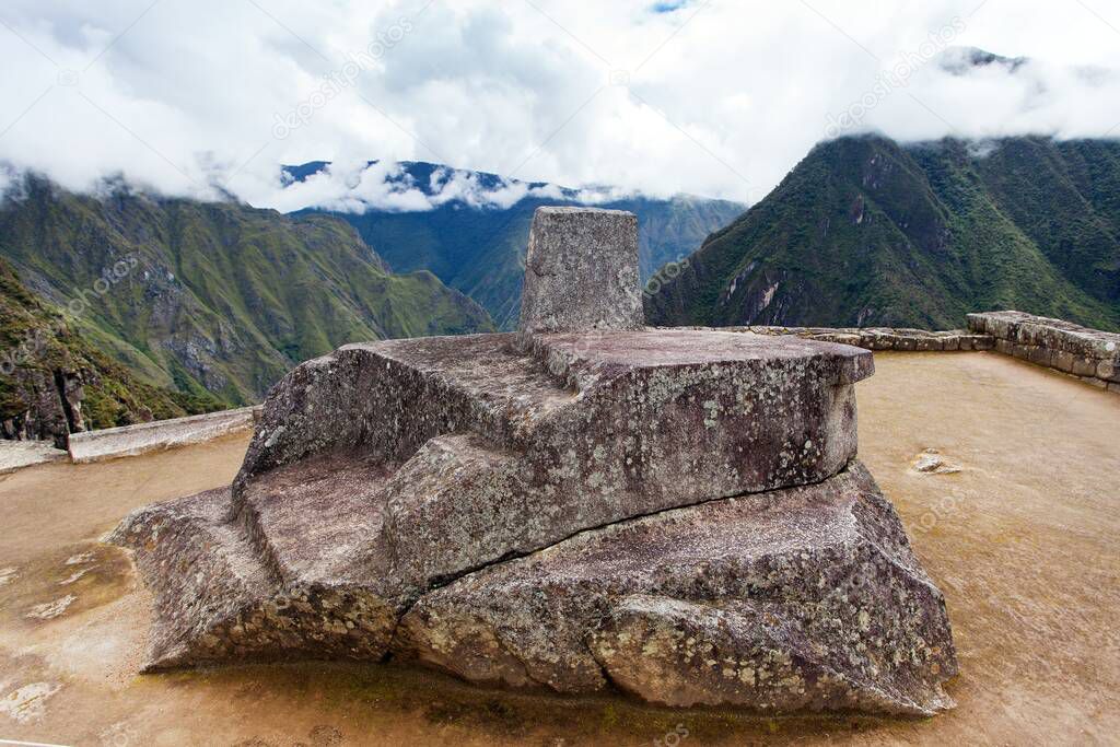 Machu Picchu, Intihuatana stone, detail from peruvian incan town, unesco world heritage site, sacred valley, Cusco region, Inca trail, Peru