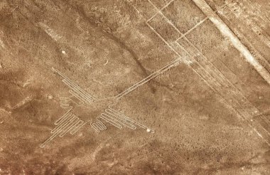Sinekkuşu geoglifleri sepia renkli, Nazca ya da Nasca gizemli çizgiler ve geoglifler Peru 'nun simgesi.