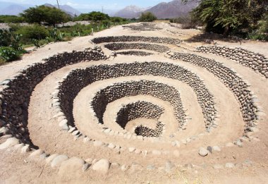 Nazca ya da Nazca kasabasındaki Cantalloc Aqueduct, spiral ya da halka şeklinde su kemerleri ya da kuyuları, Peru, İnka mimarisi ve kültürü