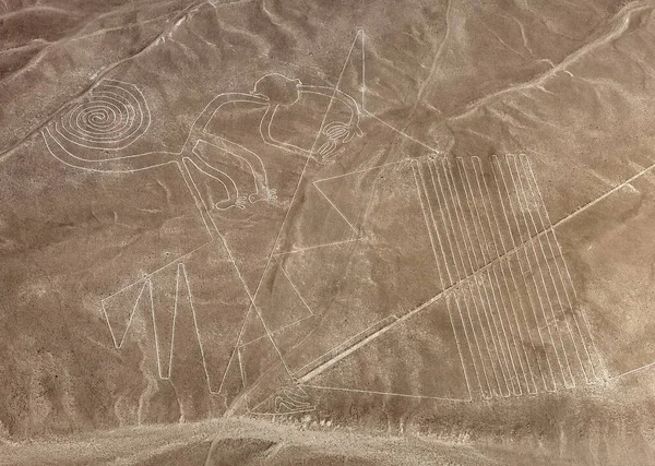 Majom Geoglifa Nazca Vagy Nasca Titokzatos Vonalak Geoglifák Légi Kilátás — Stock Fotó