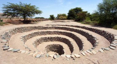 Nazca ya da Nazca kasabasındaki Cantalloc Aqueduct, spiral ya da halka şeklinde su kemerleri ya da kuyuları, Peru, İnka mimarisi ve kültürü