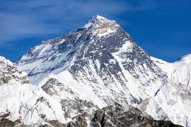 Gokyo Vadisi 'nden Everest' e kadar uzanan Everest Dağı 'nın tepesinde, güney eyeriyle Everest' in ana kampı Nepal Himalayalar 'ın dağları. 