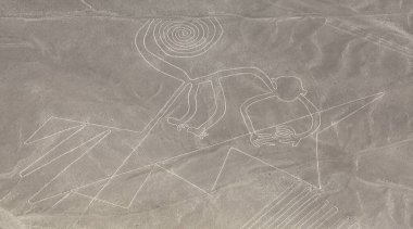 Monkey geoglyph, Nazca or Nasca mysterious lines and geoglyphs aerial view, landmark in Peru clipart