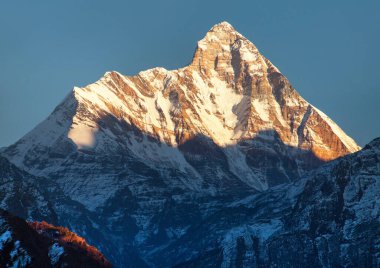 mount Nanda Devi, one of the best mounts in Indian Himalaya, seen from Joshimath Auli,  Uttarakhand, India, evening sunset view clipart