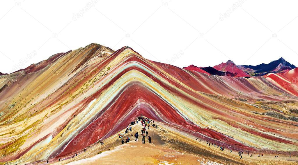 Rainbow mountain or Vinicunca Montana de Siete Colores isolated on white sky background, Cuzco or Cusco region in Peru, Peruvian Andes mountains, panoramic view