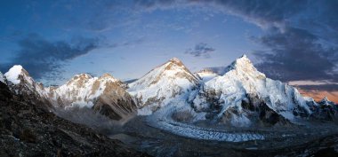 Panoramic view of Mount Everest, Lhotse and Nuptse from Pumo Ri base camp - way to Mount Everest base camp, Khumbu valley, Sagarmatha national park, Nepal Himalayas mountains evening sunset view clipart