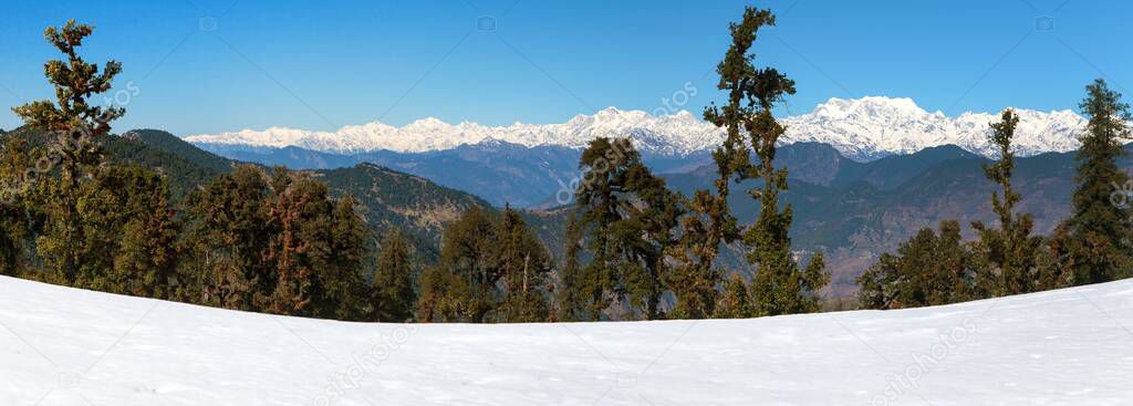 Himalaya, panoramic view of Indian Himalayas, great Himalayan range, Uttarakhand India, Gangotri range and mount Chaukhamba