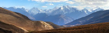 Evening view of Hindukush or Hindu kush mountain ridge, Tahikistan and Afghanistan, Wakhan corridor, view from Pamir highvay or pamirskij trakt