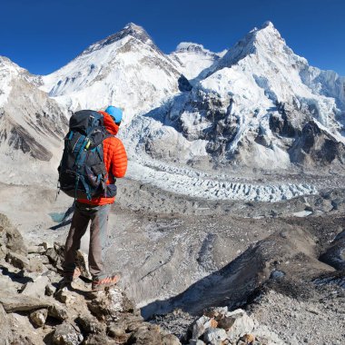 Pumo Ri ana kampından Everest Dağı, Lhotse ve Nuptse 'nin ana kampı Sagarmatha Ulusal Parkı, Khumbu Vadisi - Nepal Himalayalar