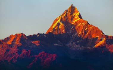 Machhapuchare Dağı 'nın kırmızı renkli gün batımı manzarası, Annapurna bölgesi, Nepal himalayaları
