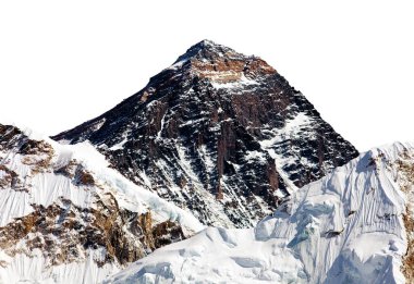 Everest Dağı beyaz gökyüzü arka planında, Khumbu vadisi ve buzulunda, Sagarmatha ulusal parkında, Nepal Himalayalar dağlarında,