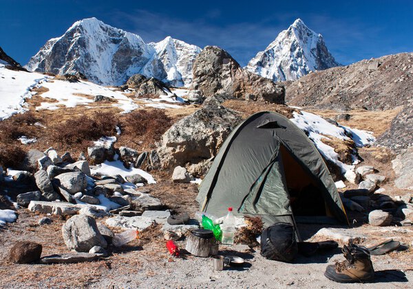 Camping site with tent near the Everest base camp - Trek to Everest base camp - Nepal