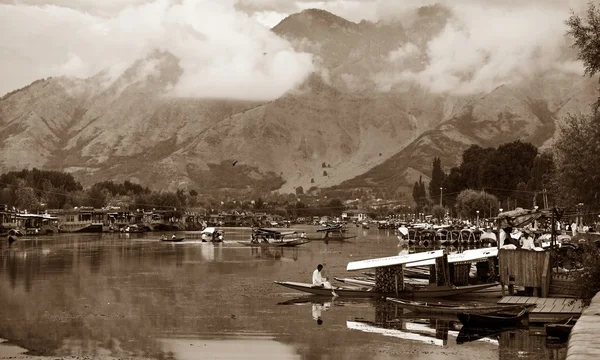 Shikara boats on Dal Lake with houseboats — Stock Photo, Image