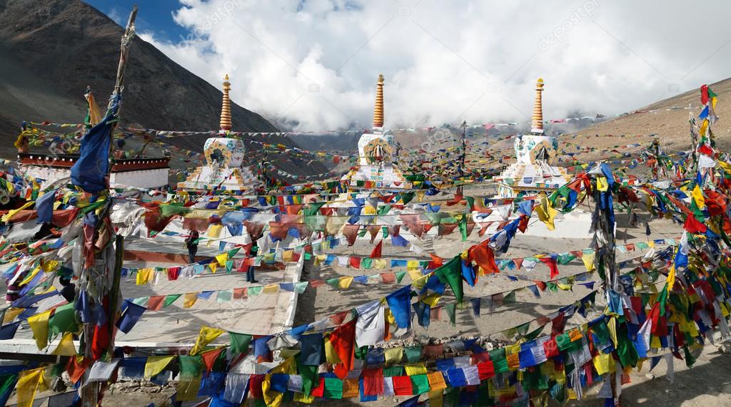 Prayer flags with stupas - Kunzum La pass - Himachal Pradesh - India 