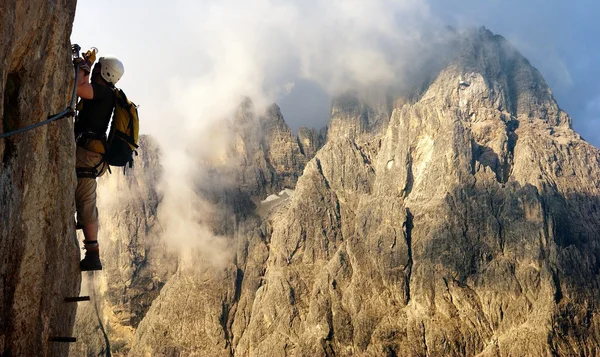 Climber on via ferrata or klettersteig in Italy — Stock Photo, Image