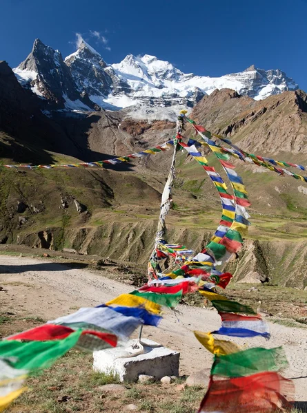 Vista del Nun Kun Range con bandiere di preghiera buddiste — Foto Stock