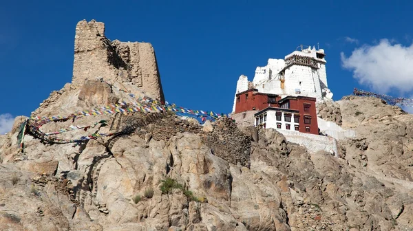 Namgyal Tsemo Gompa with prayer flags — Stock Photo, Image