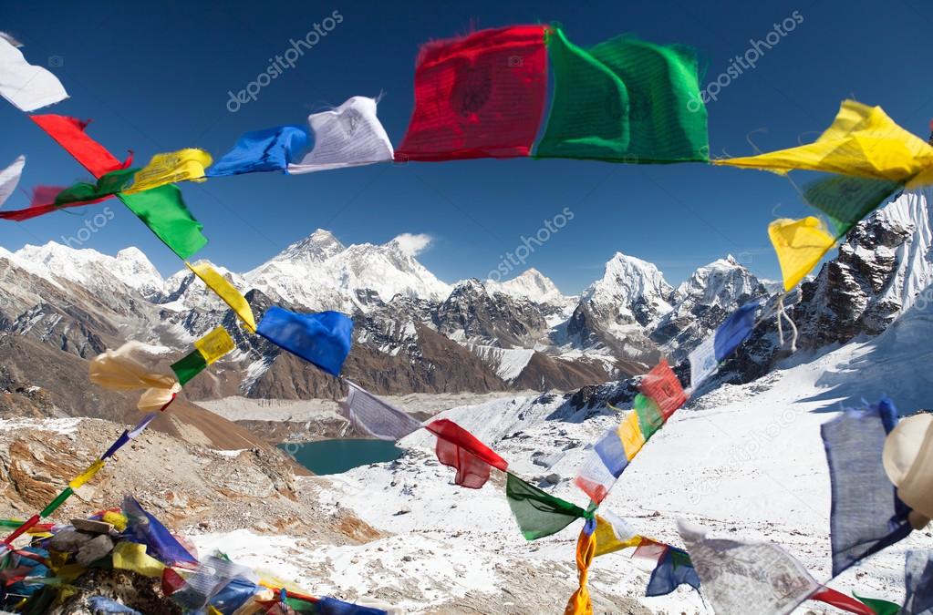 View of Mount Everest with buddhist prayer flags