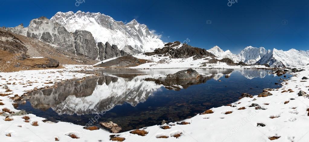 Panoramic view of Lhotse and Nuptse with lake
