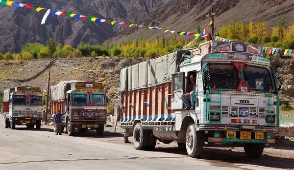 Kleurrijke vrachtwagens merk tata in Indiase Himalaya — Stockfoto