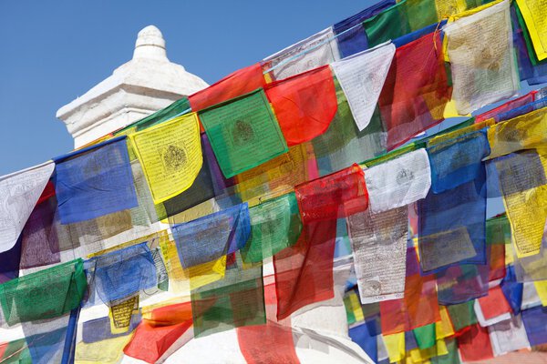 Prayer flags around Bodhnath stupa in Kathmandu, Nepal